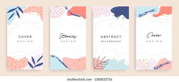 Social media stories and post creative Vector set. Background template with copy space for text and images design by abstract colored shapes,  line arts , Tropical leaves  warm color of the earth tone