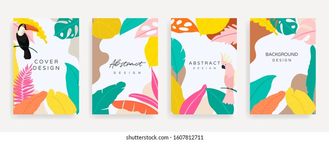 Social media stories and post creative Vector set. Background template with copy space for text and images design byTropical leaf shapes,  line arts and natural style brush.