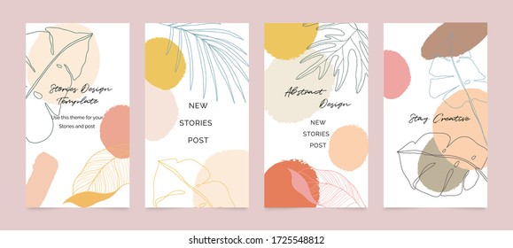 Social media stories and post creative Vector set. Background template with copy space for text and images. Abstract coloured shapes, line arts , floral and leaves, warm color of the earth tone	
