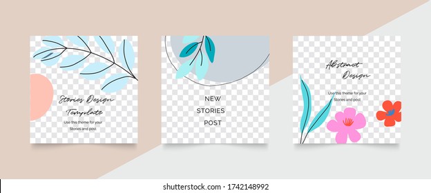 Social media stories and post creative Vector set. Background template with copy space for text and images design by abstract colored shapes,  line arts , Tropical leaves  warm color of the earth tone