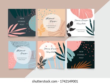 Social media stories and post creative Vector set. Background template with copy space for text and images design by abstract colored shapes,  line arts , Tropical leaves  warm color of the earth tone