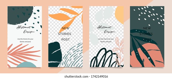 Social media stories and post creative Vector set. Background template with copy space for text and images design by abstract colored shapes,  line arts , Tropical leaves  warm color of the earth tone