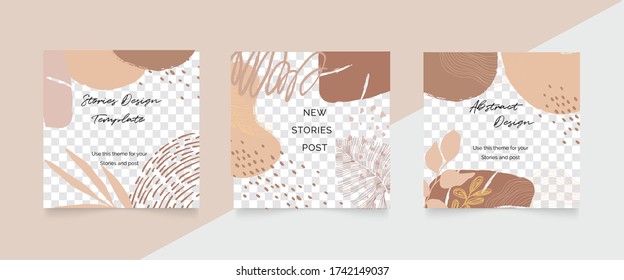 Social media stories and post creative Vector set. Background template with copy space for text and images design by abstract colored shapes,  line arts , Tropical leaves  warm color of the earth tone