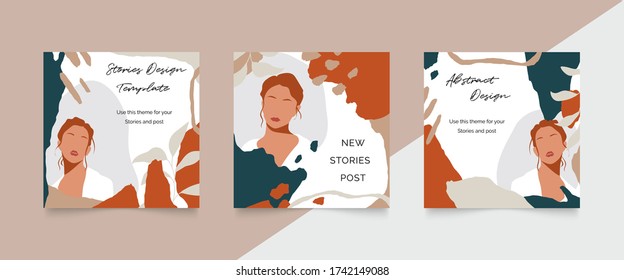 Social media stories and post creative Vector set. Background template with copy space for text and images design by abstract colored shapes,  line arts , Tropical leaves  warm color of the earth tone