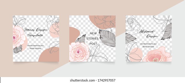 Social media stories and post creative vector set. Abstract shapes background template with floral and copy space for text and images. Vector illustration.