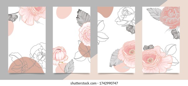 Social media stories and post creative vector set. Abstract shapes background template with floral and copy space for text and images. Vector illustration.
