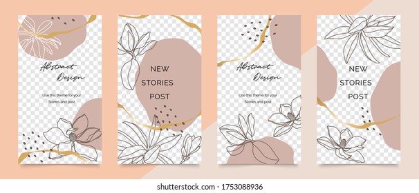 Social media stories and post creative vector set. Abstract shapes background template with floral and copy space for text and images. Vector illustration.