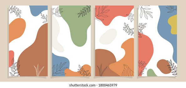 Historias de medios sociales y conjunto de vectores creativos. Plantilla de fondo con espacio de copia para texto e imágenes. Formas de color abstracto, artes de línea, florales y hojas