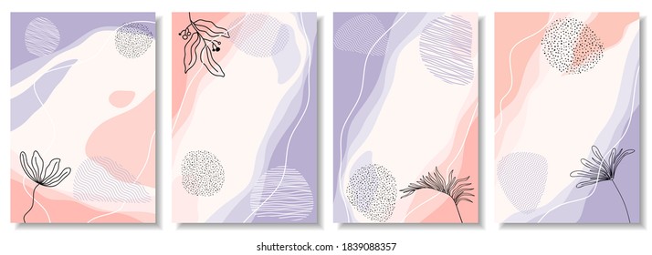 Historias de medios sociales y conjunto de vectores creativos. Plantilla de fondo con espacio de copia para el diseño de texto e imágenes por formas de color abstracto, artes de línea, hojas tropicales color cálido del tono de la tierra

