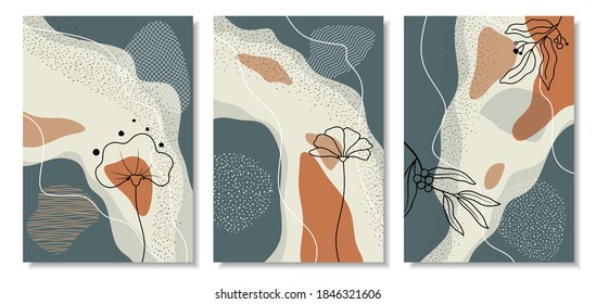 	
Historias de medios sociales y conjunto de vectores creativos. Plantilla de fondo con espacio de copia para el diseño de texto e imágenes por formas de color abstracto, artes de línea, hojas tropicales color cálido del tono de la tierra