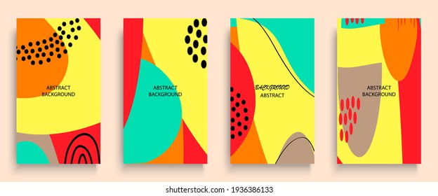 Social Media-Geschichten und Post kreative Kunst-Konzept für Web, Grafik-Design. Geometrisches doodle minimalistisches Muster abstrakter Hintergrund. Modernes Plakatvorlage, Vektorgrafik-Set. Trendneonfarbe