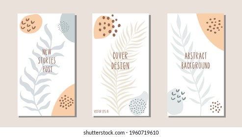 Social media stories and post creative Vector set. Background template with space for text and images design with botanical art lines.