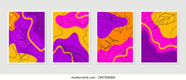 Social media stories and post creative Vector set. Background template with copy space images design by abstract colored shapes, line arts , Tropical leaves. Bright warm colors background.