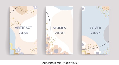 Historias de medios sociales y conjunto de vectores creativos. Plantilla de fondo con espacio de copia para texto e imágenes, decorada con flores y formas abstractas, arte de línea con gradiente dorado, colores pastel