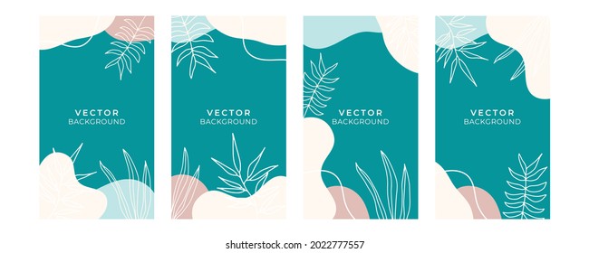 Social media stories and post creative vector background. Organic template with copy space for text abstract colored shapes, foliage line arts , Tropical leaves earth tone warm color. Boho style