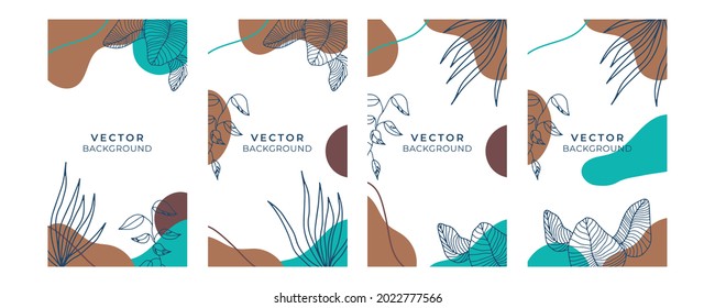 Social media stories and post creative vector background. Organic template with copy space for text abstract colored shapes, foliage line arts , Tropical leaves earth tone warm color. Boho style