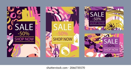 Social media stories and post creative Vector set. Background template with copy space for text and images design by abstract colored shapes, line arts. Sale banner.