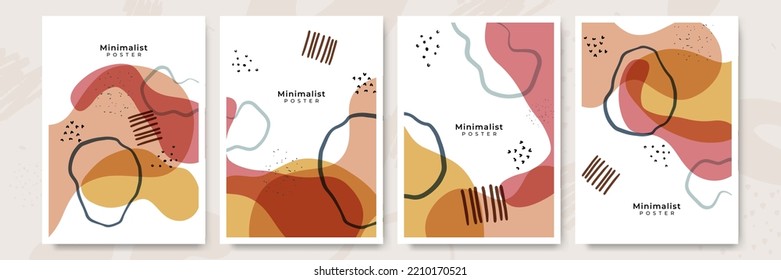 Historias de medios sociales y conjunto de vectores creativos. Plantilla de fondo con espacio de copia para el diseño de texto e imágenes por formas de color abstracto, artes de línea, hojas tropicales color cálido del tono de la tierra