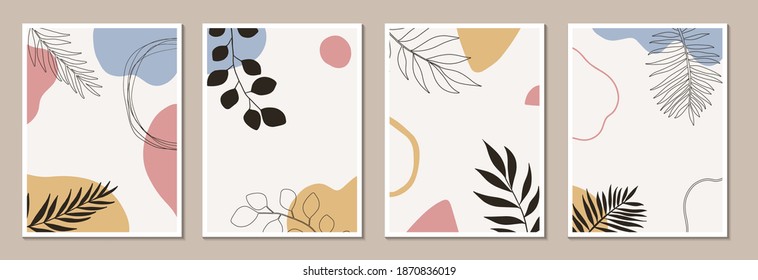 Social media stories and post design. Floral wall art vector set. Plant branches and abstract shapes. Modern design, poster or postcard template. Botanical design. Vector illustration.