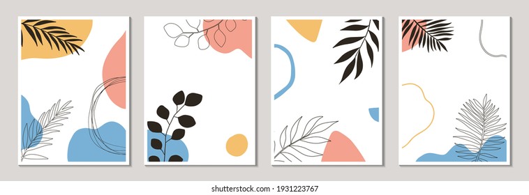 Social media stories and post design. Floral wall art vector set. Plant branches and abstract shapes. Modern design, poster or postcard template. Botanical design. Vector illustration.