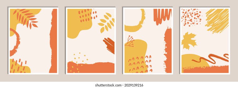 Social media stories and post design. Floral autumn wall art vector set. Autumn leaves and abstract shapes. Modern design, poster or postcard template. Botanical design. Vector illustration.