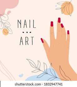 Social media stories and post hand drawn abstract background for beauty salon, print.Various shapes and doodle objects with line art leaves.Simple trendy background template with space for text. 