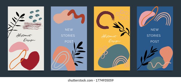 Social media stories and post template vector set. Abstract shapes cover background with floral and copy space for text and images. Vector illustration.