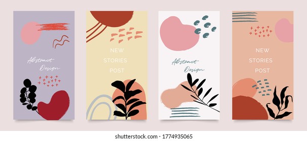 Social media stories and post template vector set. Abstract shapes cover background with floral and copy space for text and images. Vector illustration.