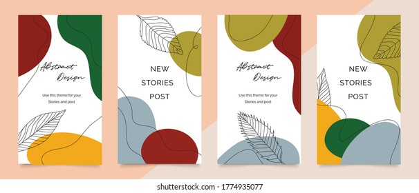 Social media stories and post template vector set. Abstract shapes cover background with floral and copy space for text and images. Vector illustration.