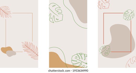 Social media stories and post template in minimal style background with copy space for text. Abstract colored shapes, line art, leaves, beige colors, frames for text.