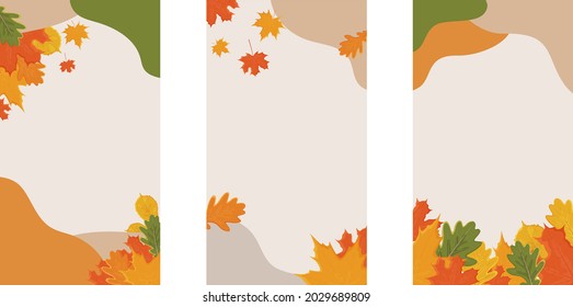 Social media stories and post template in minimal style background with copy space for text. Background with abstract spots and autumn leaves.