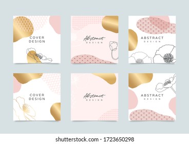 Historias de medios sociales y plantilla de fondo de post vector con espacio de copia para el diseño de texto e imágenes por formas abstractas rosadas y doradas, artes en línea, flor, cubierta japonesa, fondo de diseño de cubierta cuadrada 