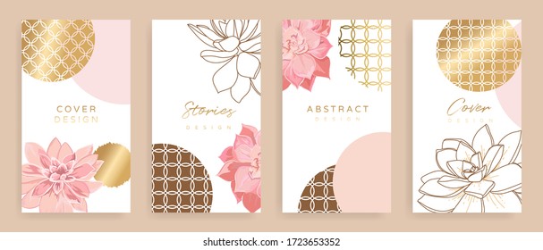 Social media stories and post vector background template with copy space for text and images design by abstract pink and Gold shapes, line arts ,flower, Japanese Cover, invitation design background.