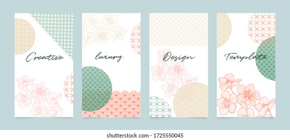 Social media stories and post vector background template with copy space for text and images design by abstract pink and Gold shapes, line arts ,flower, Japanese Cover, invitation design background.