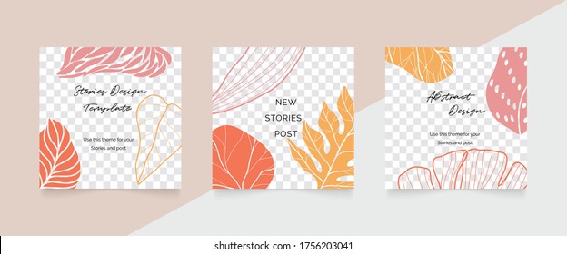 Social media stories and post vector set. Abstract shapes cover background template with floral and copy space for text and images. Vector illustration.