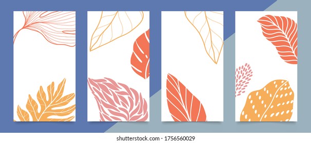 Social media stories and post vector set. Abstract shapes cover background template with floral and copy space for text and images. Vector illustration.