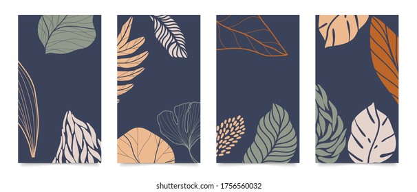 Historias de medios sociales y conjunto de vectores de posts. Las formas abstractas cubren la plantilla de fondo con floral y espacio de copia para texto e imágenes. Ilustración vectorial.