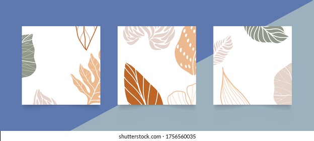 Social media stories and post vector set. Abstract shapes cover background template with floral and copy space for text and images. Vector illustration.