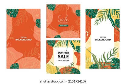 Social media stories and post vector set. Summer sale background template with tropical leaves