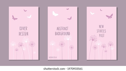 Social media stories and posts creative Vector set. Background template with space for text and images design with flower lines.