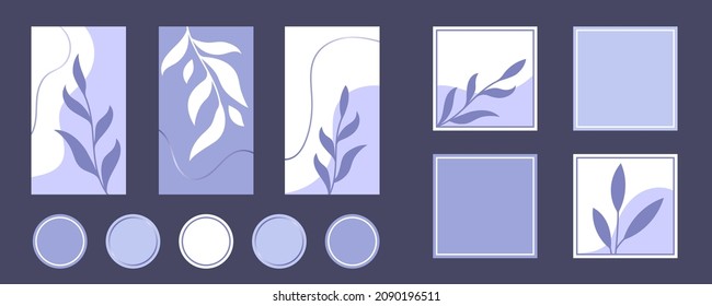 Social media stories, posts, highlights templates set for bloggers. Vector backgrounds in trendy very peri violet colors with abstract purple leaves. Color of the year 2022.