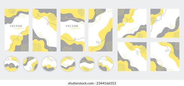 Social media stories, posts, highlights templates. Abstract yellow gray organic shapes backgrounds with copy space for text