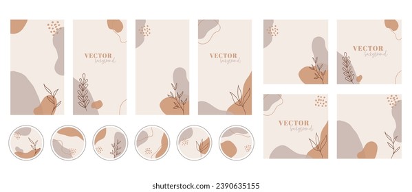 Social media stories, posts, highlights templates. Abstract organic shapes, floral minimal trendy vector backgrounds with copy space for text