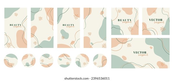 Social media stories, posts, highlights, banner templates. Abstract organic minimal trendy vector backgrounds in pastel colors with copy space for text. Instgram set