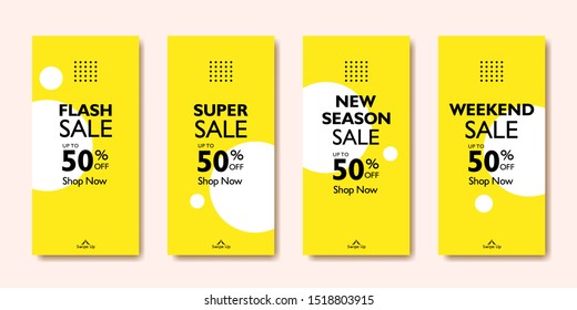 Social media stories promotion banner templates collection for mobile app. Seasonal, flash, super and weekend sale poster layout for publication and marketing. Fashion advertisement for online shop.