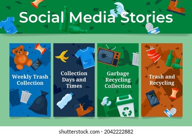 Social media stories recycling and garbage collection vertical poster vector flat illustration. Waste, rubbish, trash utilization advertising web promo. Online advertisement environmental pollution