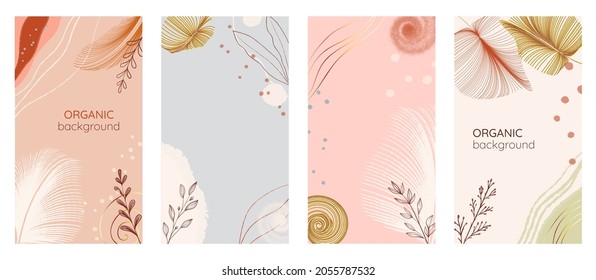 Social media stories set of abstract modern backgrounds with gold and pastel color combinations, organic hand drawn shapes, and leaves. Story advertising, branding vector design.