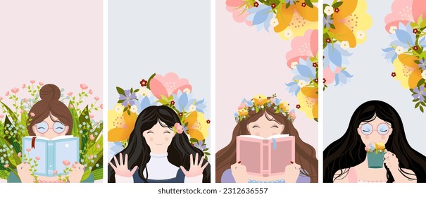 Social media stories set of vector banners with young girls reading a book, cup of flowers and flowers in hair on nature view background.  Illustrations in flat style