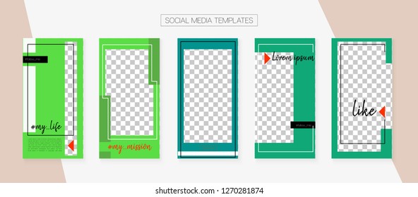 Social Media Stories SMM Template. Tech App Kit, Green Grey Blue Elegant Geometric Cover Patterns. Invitation Apps Design Pack. Blogger Frame Vector Set. Social Media Stories Simple Set