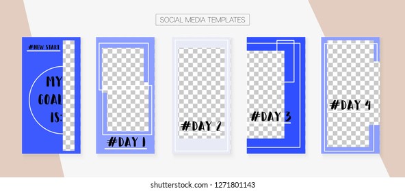 Social Media Stories SMM Template. Modern App Kit, Blie White Grey Elegant Geometric Cover Patterns. Invitation Apps Design Pack. Blogger Border Vector Set.  Social Media Stories Collection